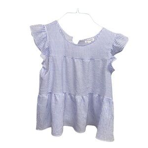 Blu Pepper Women’s Striped Ruffle Blouse - Blue and White (Size Large)